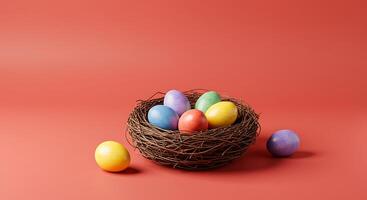 Colorful Easter Eggs in Bird Nest on Salmon Background for Spring photo
