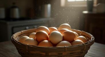 Fresh Chicken Eggs in Wicker Basket on Table in Kitchen photo