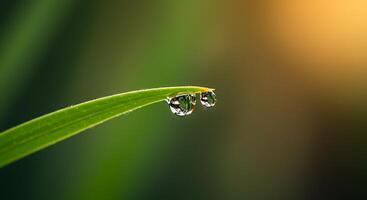 Water Droplets Hanging From a Green Blade of Grass Close-up photo