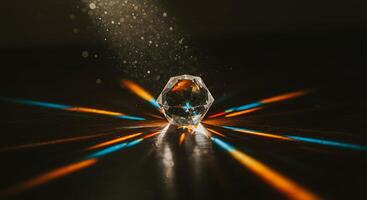Prism Refracting Light Creating Colorful Rays on Dark Surface photo