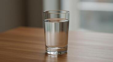 Glass of Water on Wooden Table Background Indoors Refreshment Concept photo