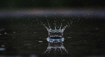 Water Drop Impact Creating Crown Splash on Dark Reflective Surface photo