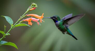 Hummingbird Drinking Nectar From Orange Flowers in Tropical Setting photo