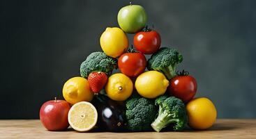 Arrangement of Fresh Vegetables and Fruits in a Pyramid Shape photo