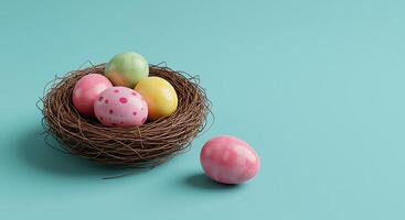 Decorated Easter Eggs in Nest with One Egg Lying Beside photo