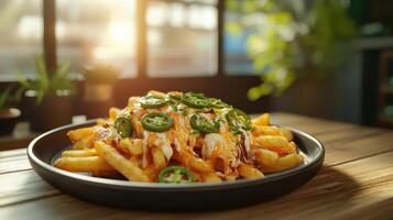 A plate of fries with chili peppers and cheese photo