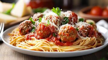Spaghetti with meatballs and tomato sauce photo