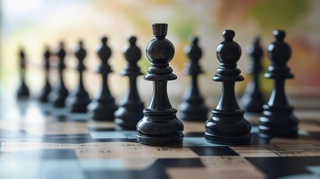 Chess pieces lined up on a wooden board during a strategic game session in a cozy indoor setting photo