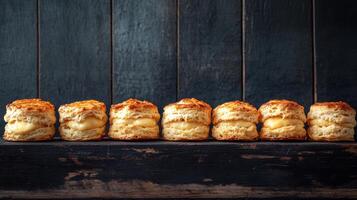 Freshly baked fluffy pastries lined on a rustic wooden surface against a dark backdrop photo