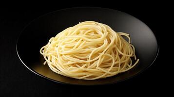 Spaghetti piled high on a black plate creating a simple yet appetizing visual appeal for food lovers photo