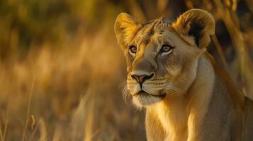 Lioness rests in golden grass at sunset in the savannah, showcasing her graceful presence and serene expression photo