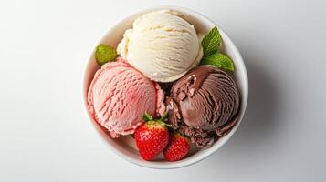 Three scoops of ice cream in a bowl with fresh strawberries and mint leaves on a white background photo