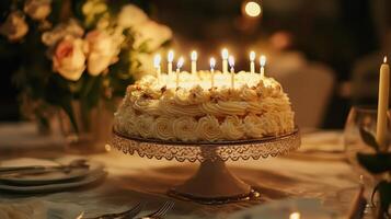 Beautifully decorated cake with candles on festive table during evening celebration with floral arrangements photo