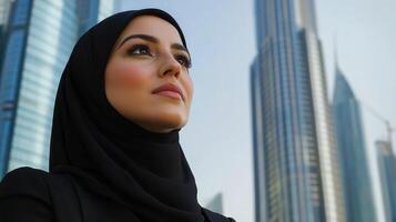 Woman in hijab gazes thoughtfully at the skyline of a modern city during a sunny day photo