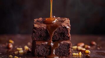 Decadent chocolate brownies with caramel drizzle and nut garnish on a dark background photo