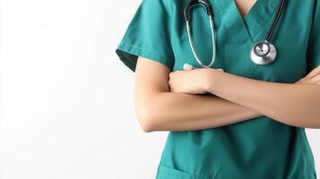 A woman in a green scrub suit with her arms crossed photo