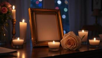 Candles and a picture frame on a table photo