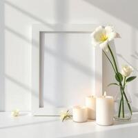 White flowers and candles on a white table with a blank frame photo