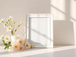 A white frame with flowers and a vase on a table photo