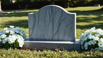 A grave stone sits in the grass next to flowers photo