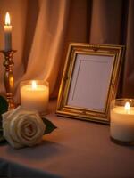 A picture frame with candles and a rose on a table photo