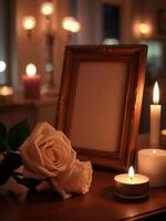 A picture frame with candles and roses on a table photo