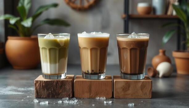 Three different types of iced coffee on wooden blocks photo
