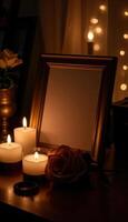Candles and a blank frame on a table with a rose photo