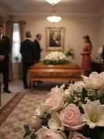 A funeral service is taking place in a room with flowers photo