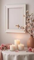A table with candles and a picture frame photo