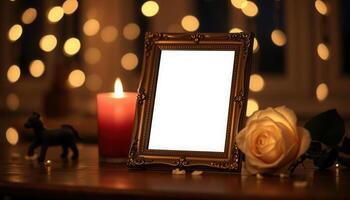 Photo frame with candle and rose on the table