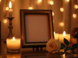 Photo frame with candle and rose on table