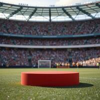 A red podium on the field of a soccer stadium photo