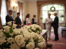 A wedding ceremony in a large room with white roses photo