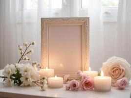 Photo frame with candles and flowers on a table