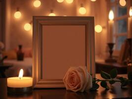 A picture frame with a rose and candle on a table photo