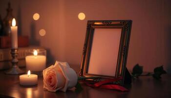 A picture frame with a rose and candles on a table photo