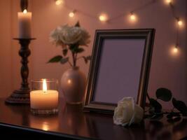 A picture frame, candles and a vase of flowers on a table photo