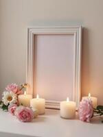 Pink flowers and candles are arranged around a blank picture frame photo