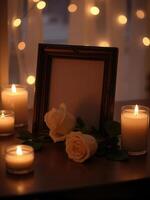 Candles and a frame with a photo on a table