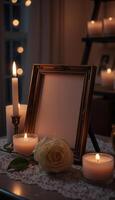 Candles and a photo frame on a table