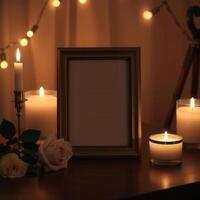 Candles and a frame with a blank photo on a table