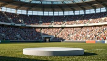 A white round table in front of a large stadium photo