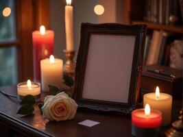 A framed photo on a table with candles and a rose