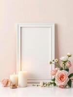 Flowers and candles on a pink background with blank frame photo
