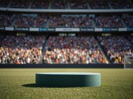 A green platform on a soccer field with a crowd of people photo