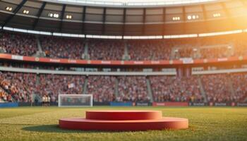 An empty podium on a soccer field with a crowd of people photo