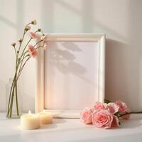 Photo frame with flowers and candles on a table