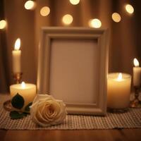 Photo frame with candles and rose on table with bokeh lights