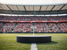 An empty black pedestal on a soccer field photo